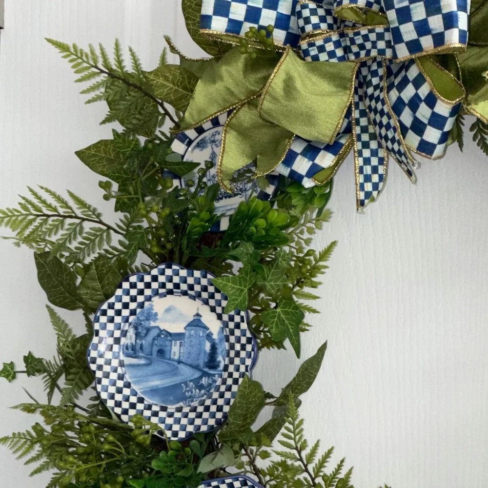New MacKenzie-Childs Fern Royal Blue Check Toile Plate Door Wreath Rare Style - Picture 5 of 5